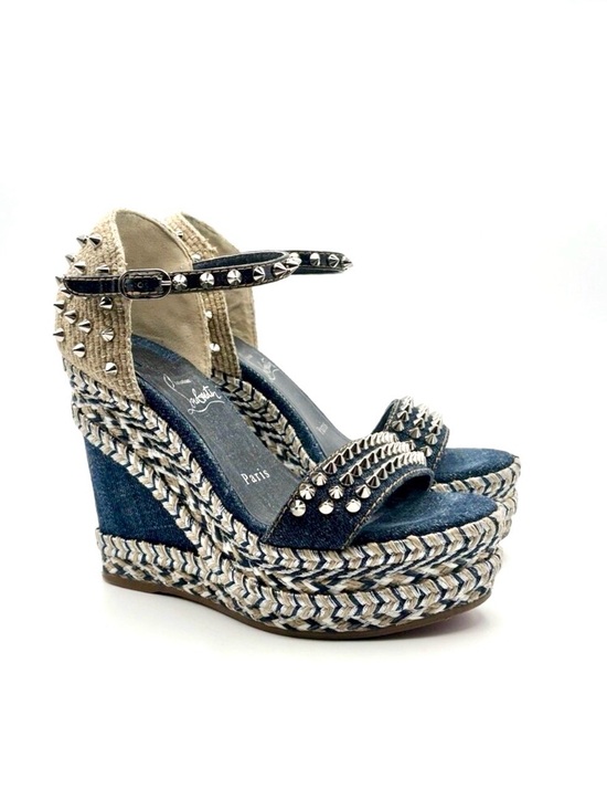 Christian Louboutin Shoes - Christian Louboutin Denim & Natural Espadrille Wedge Sandals with Studs